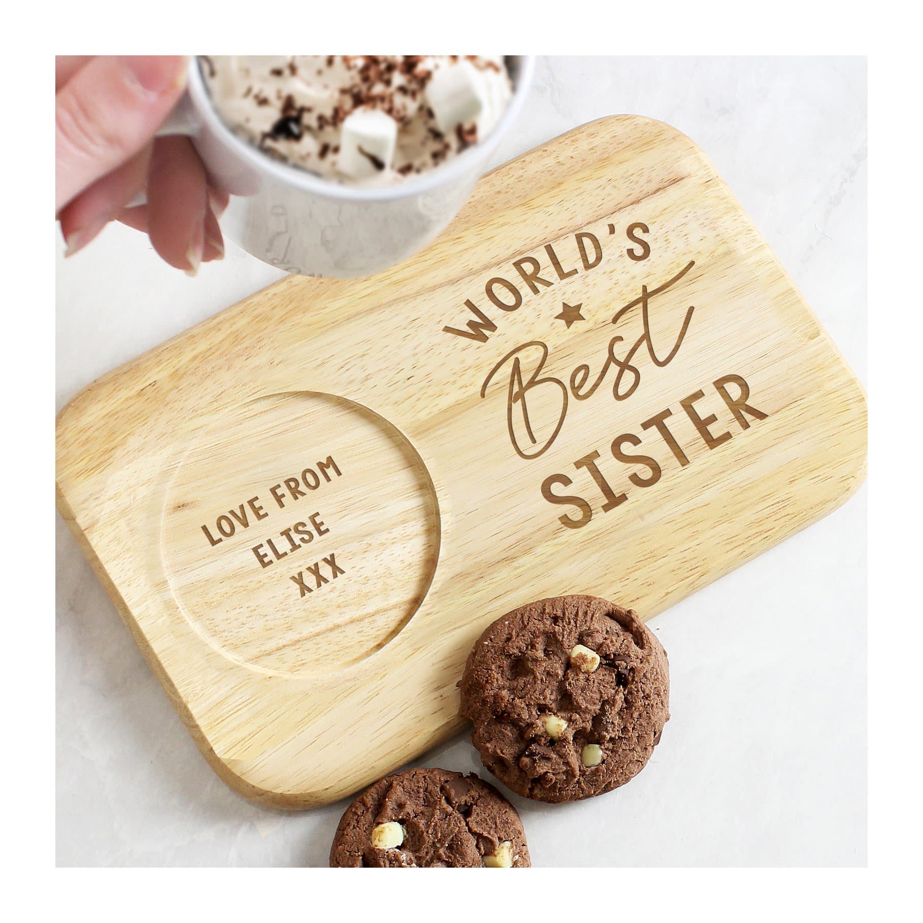 Wooden World's Best coaster tray with a circular drink groove and personalised text