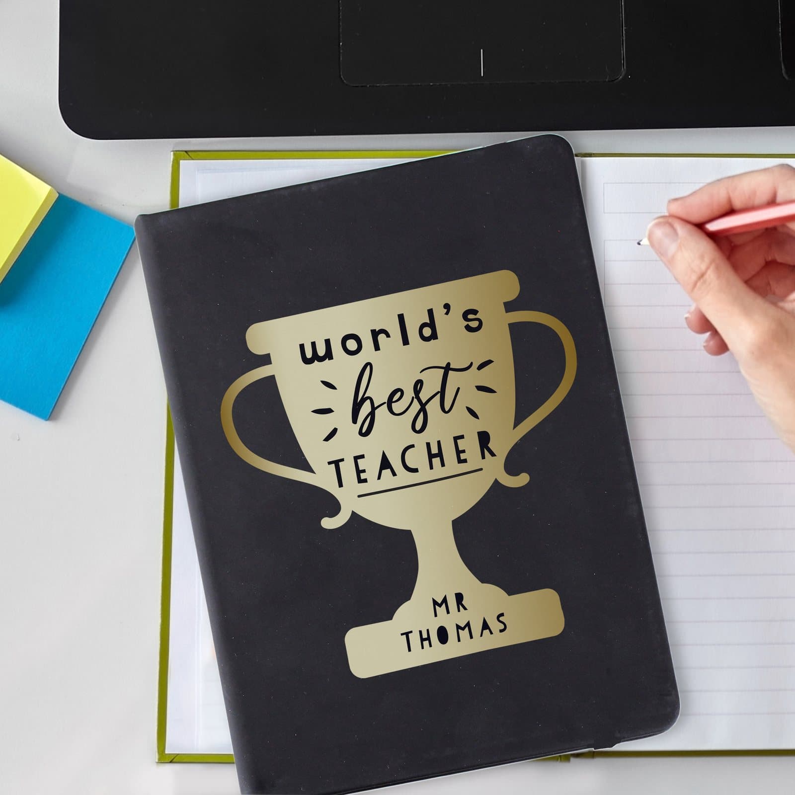 Black hardback teacher notebook with trophy design