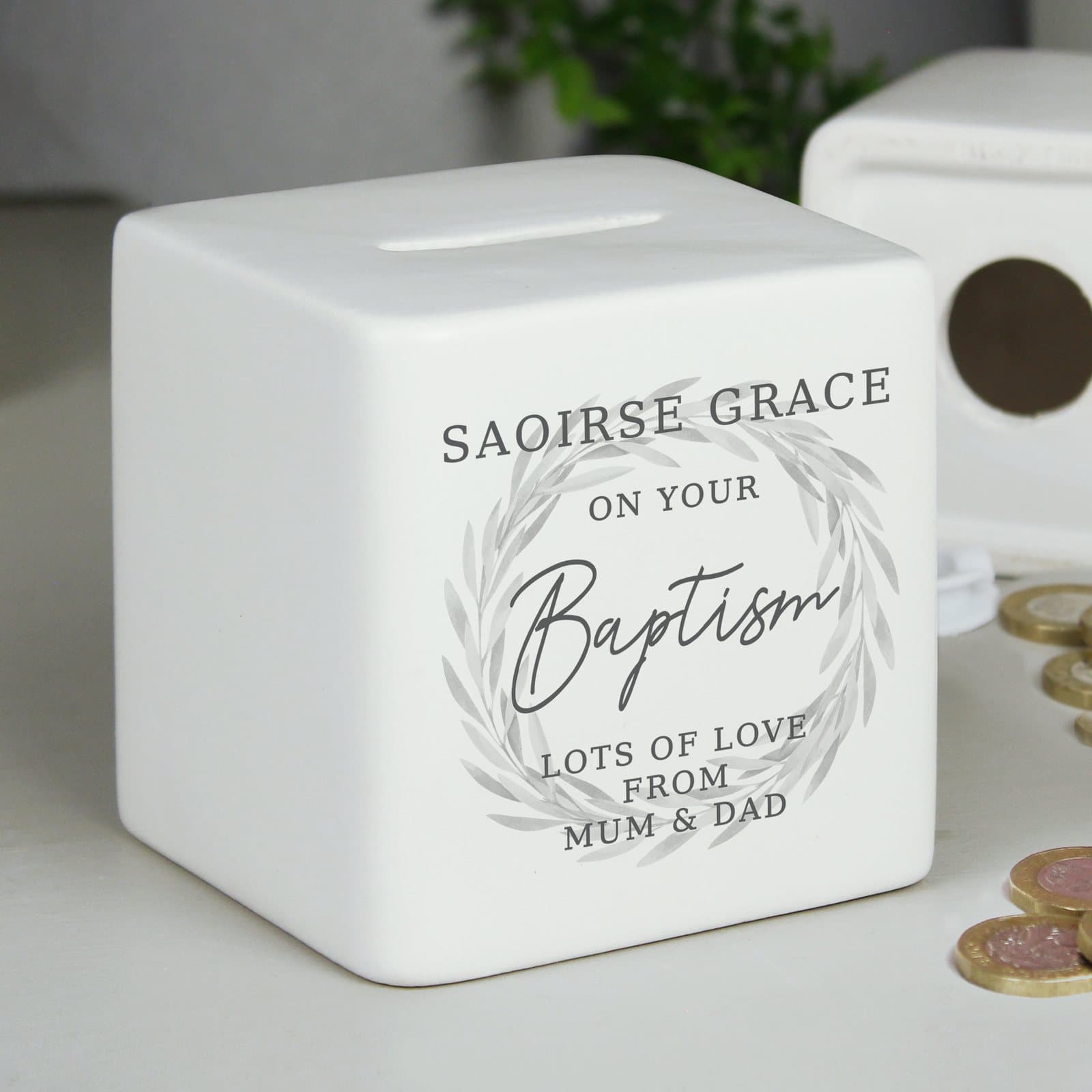 Personalised square ceramic money box with wreath design
