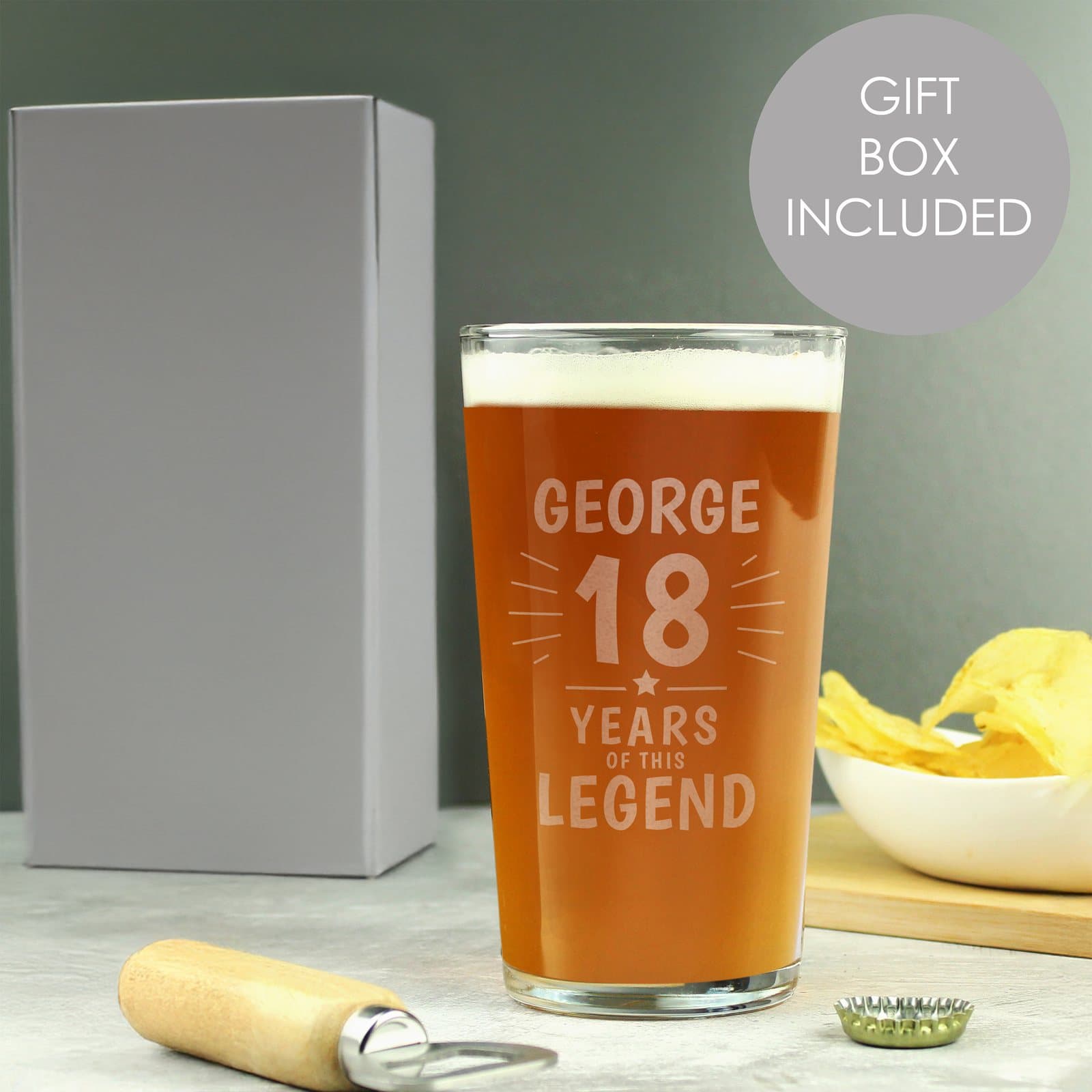 Personalised pint glass with a name, an age and Years of this legend