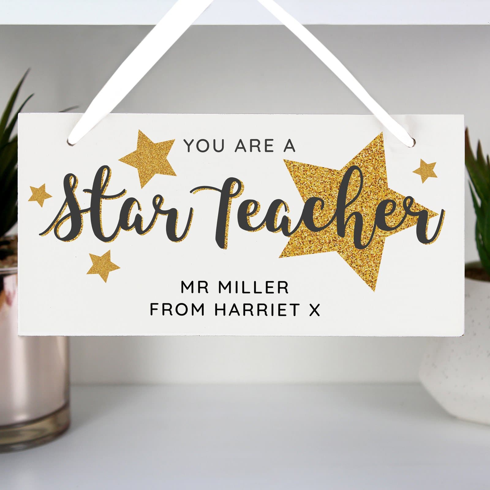 Wooden star teacher decoration with ribbon and personalised name and message