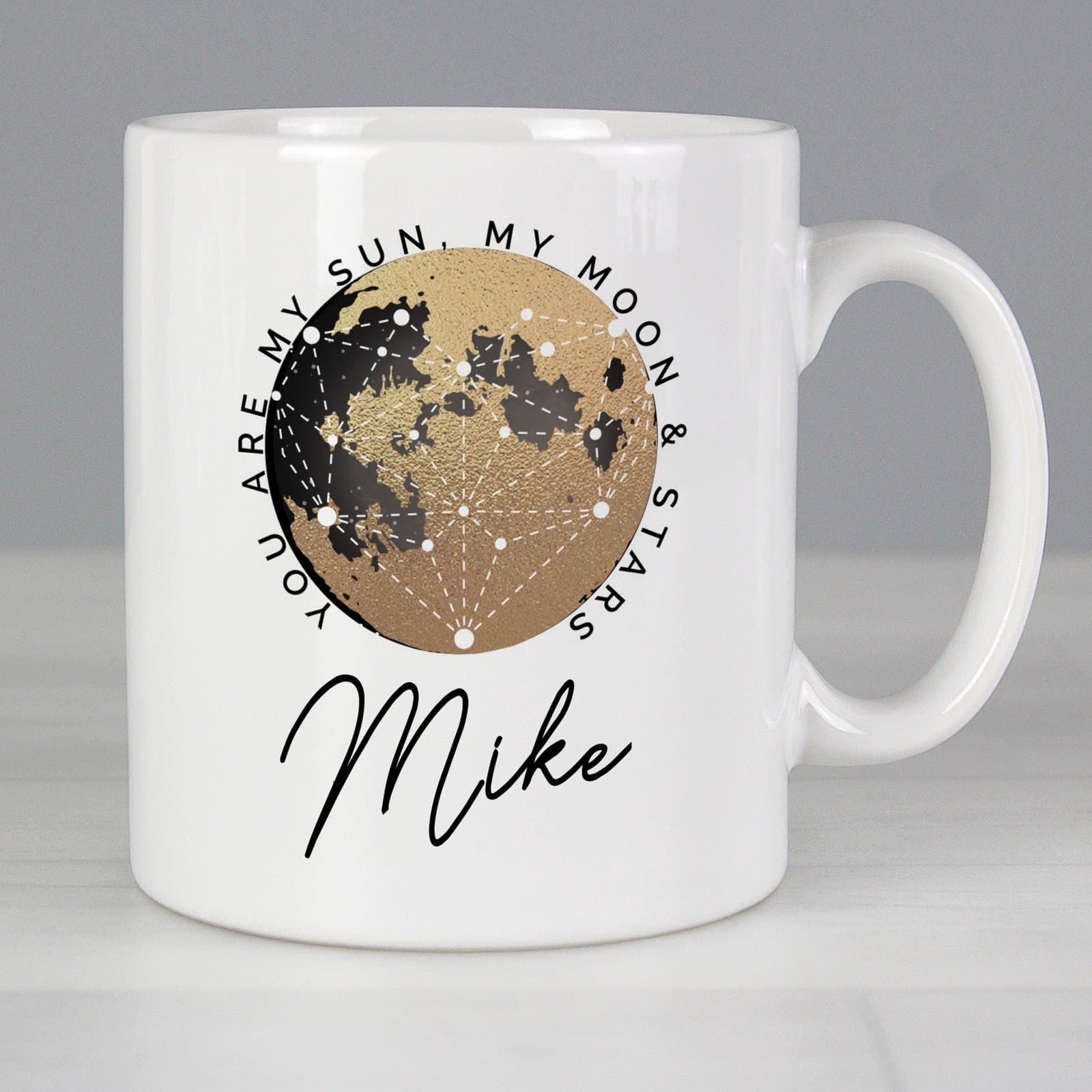 Ceramic You Are My Sun My Moon mug with a moon and heart constellation design