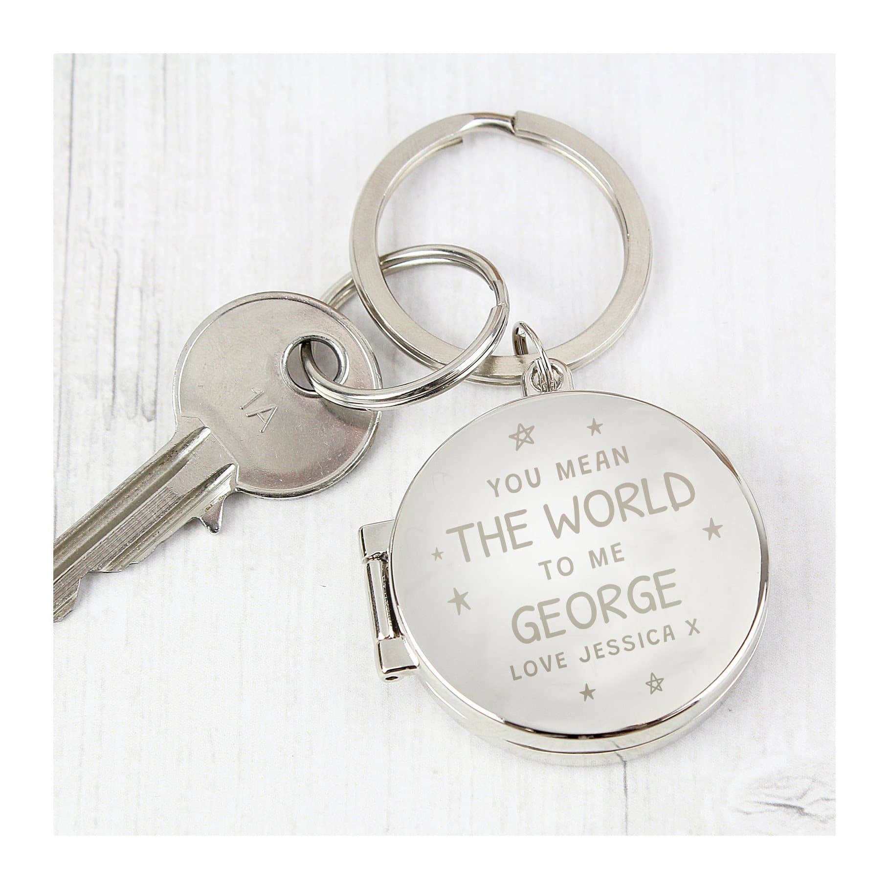 Round silver-finish photo keyring with You Mean the World to Me