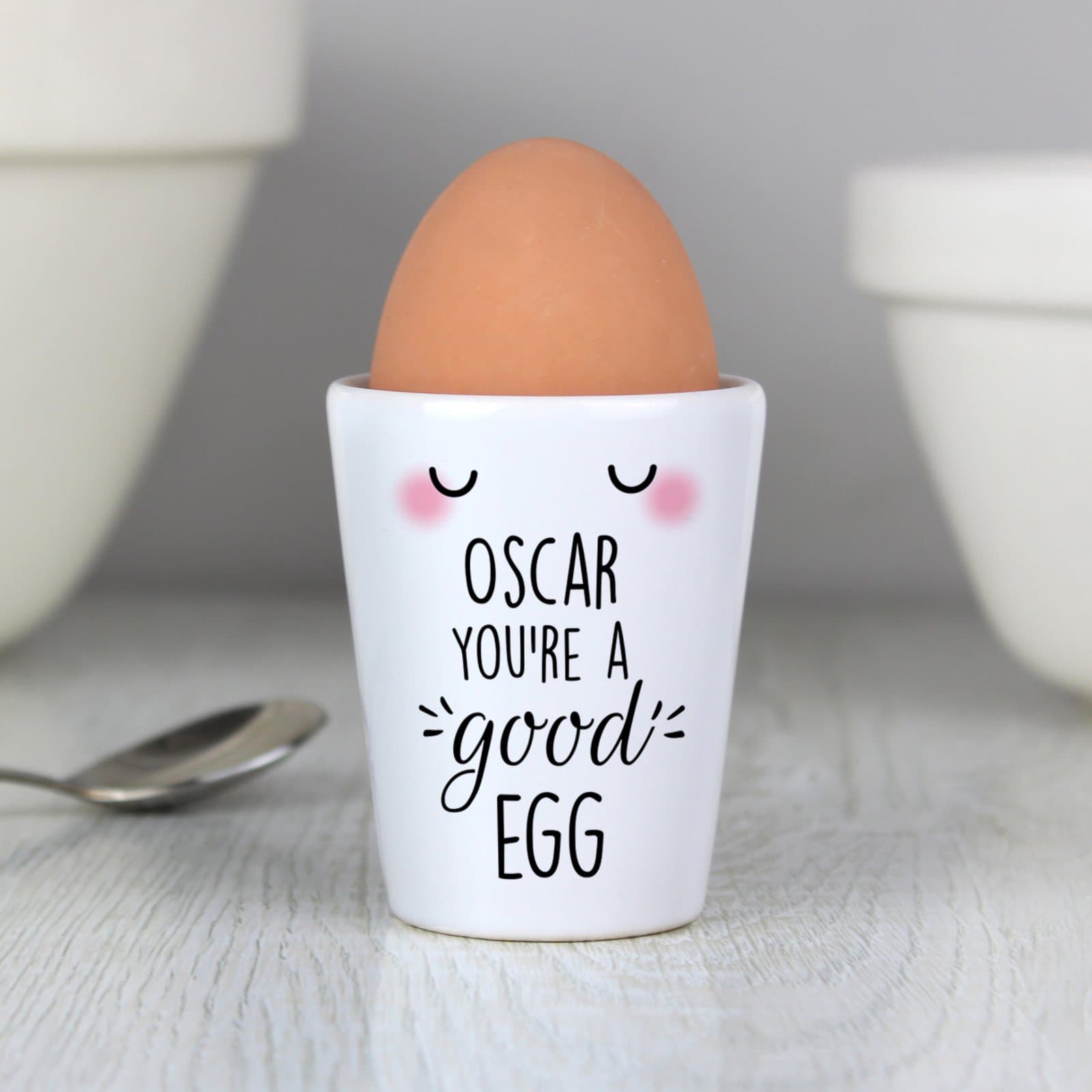 Ceramic You're A Good Egg egg cup personalised with a name