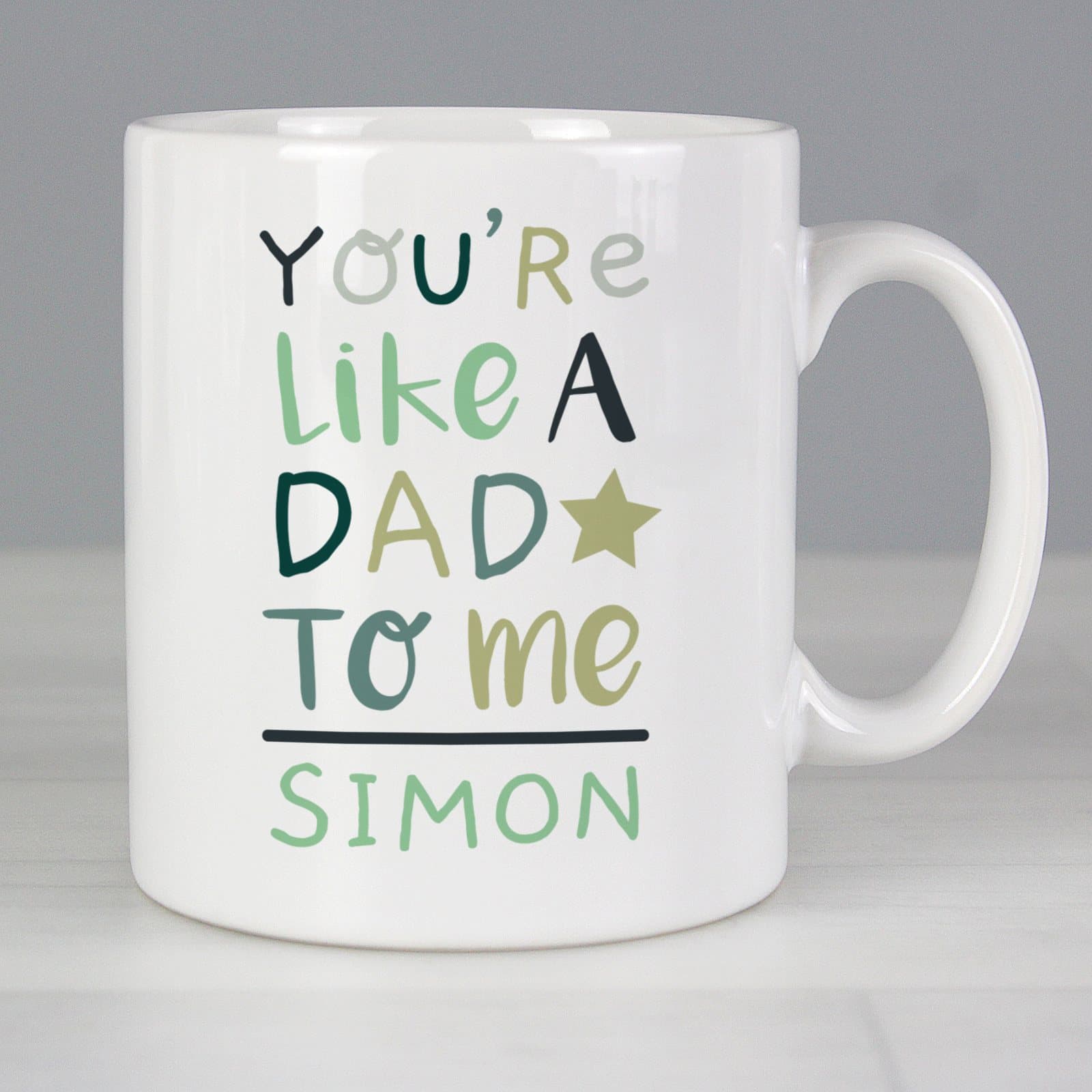 Ceramic You're Like a Dad to Me mug personalised with a name on the front