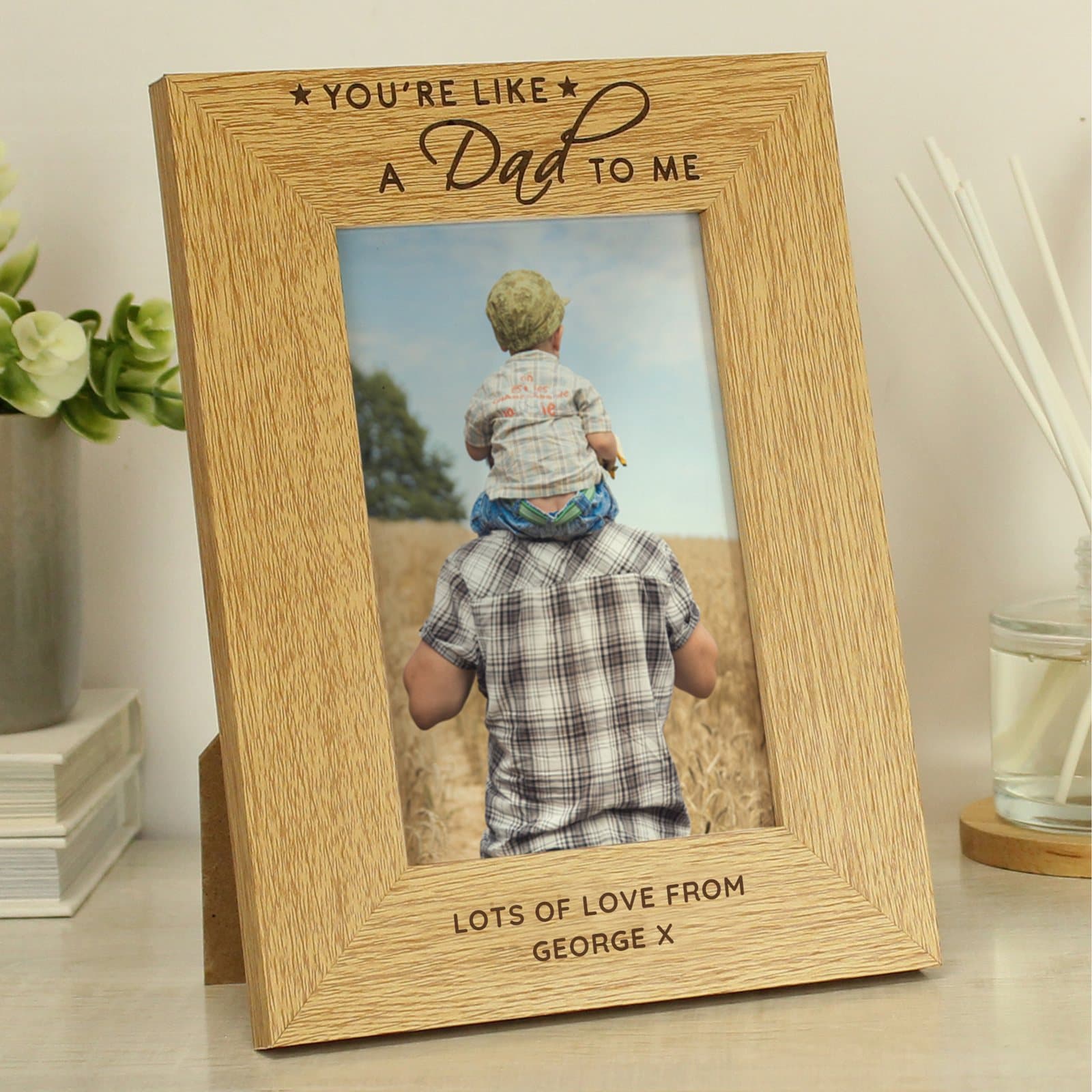 Oak veneer photo frame with You're Like a Dad to Me text and two personalised lines