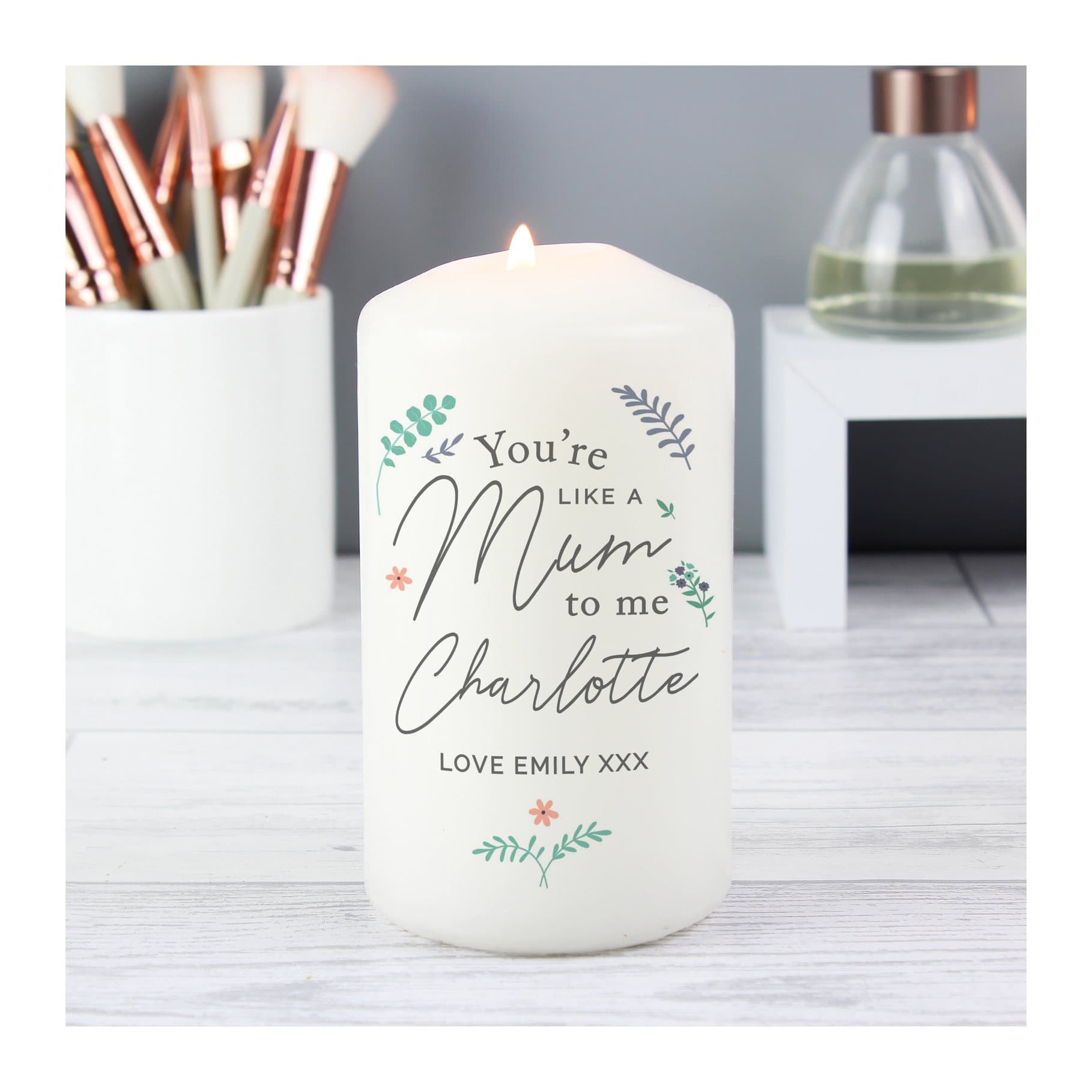 Personalised You're Like A Mum To Me pillar candle with a name and message
