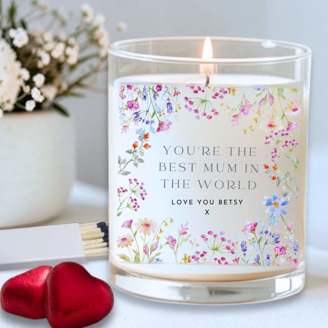 Personalised candle gift set with pastel flowers and 'You're The Best Mum In The World'