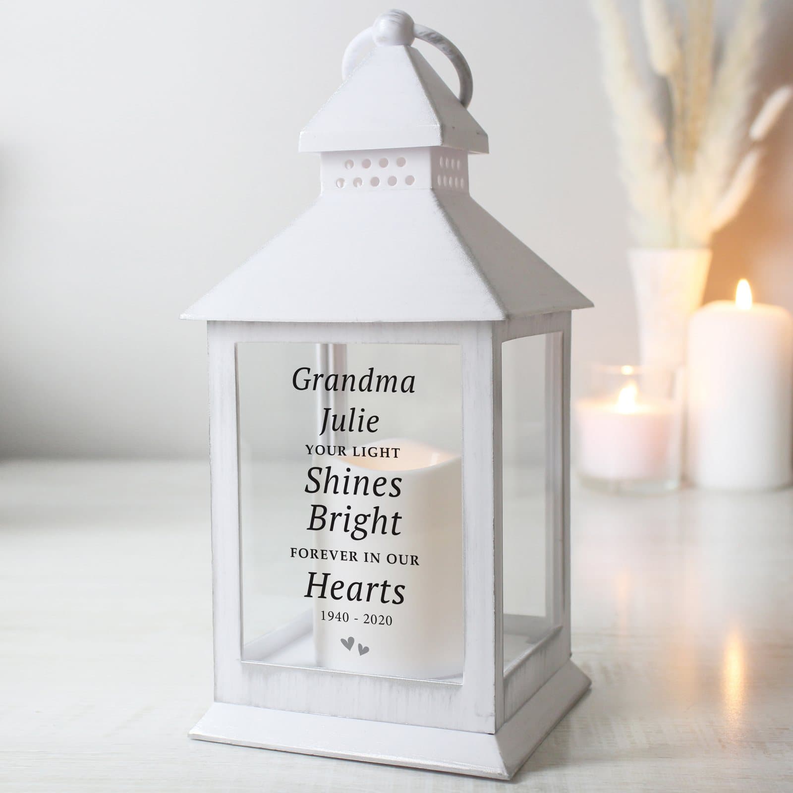 Personalised white memorial lantern with a hoop for hanging