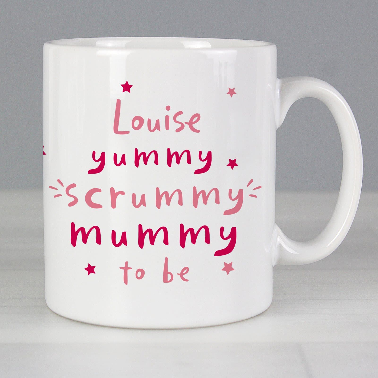 Ceramic Yummy Scrummy Mummy To Be mug personalised with a name on the front