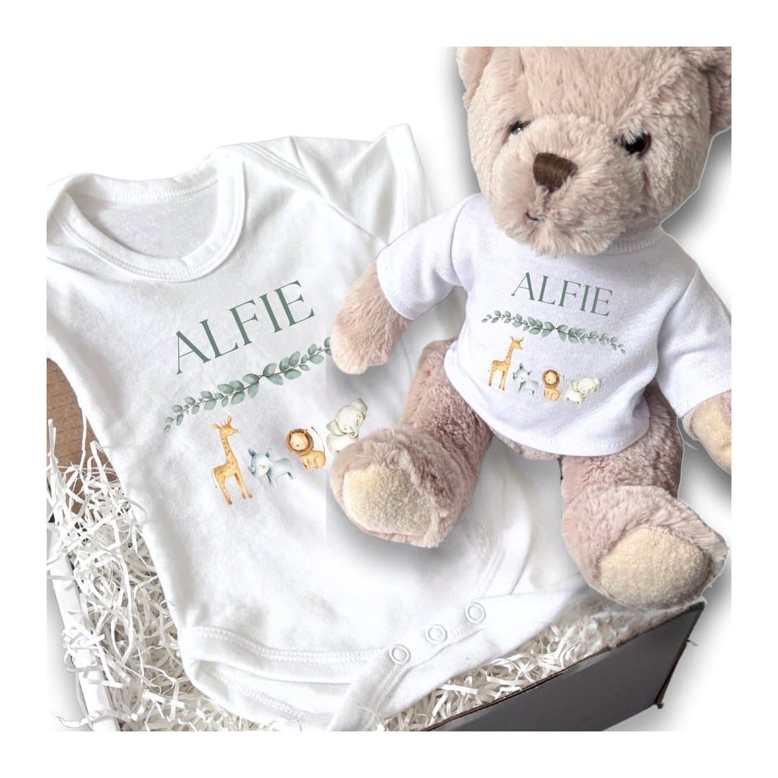 Personalised zoo animals baby vest and teddy bear set