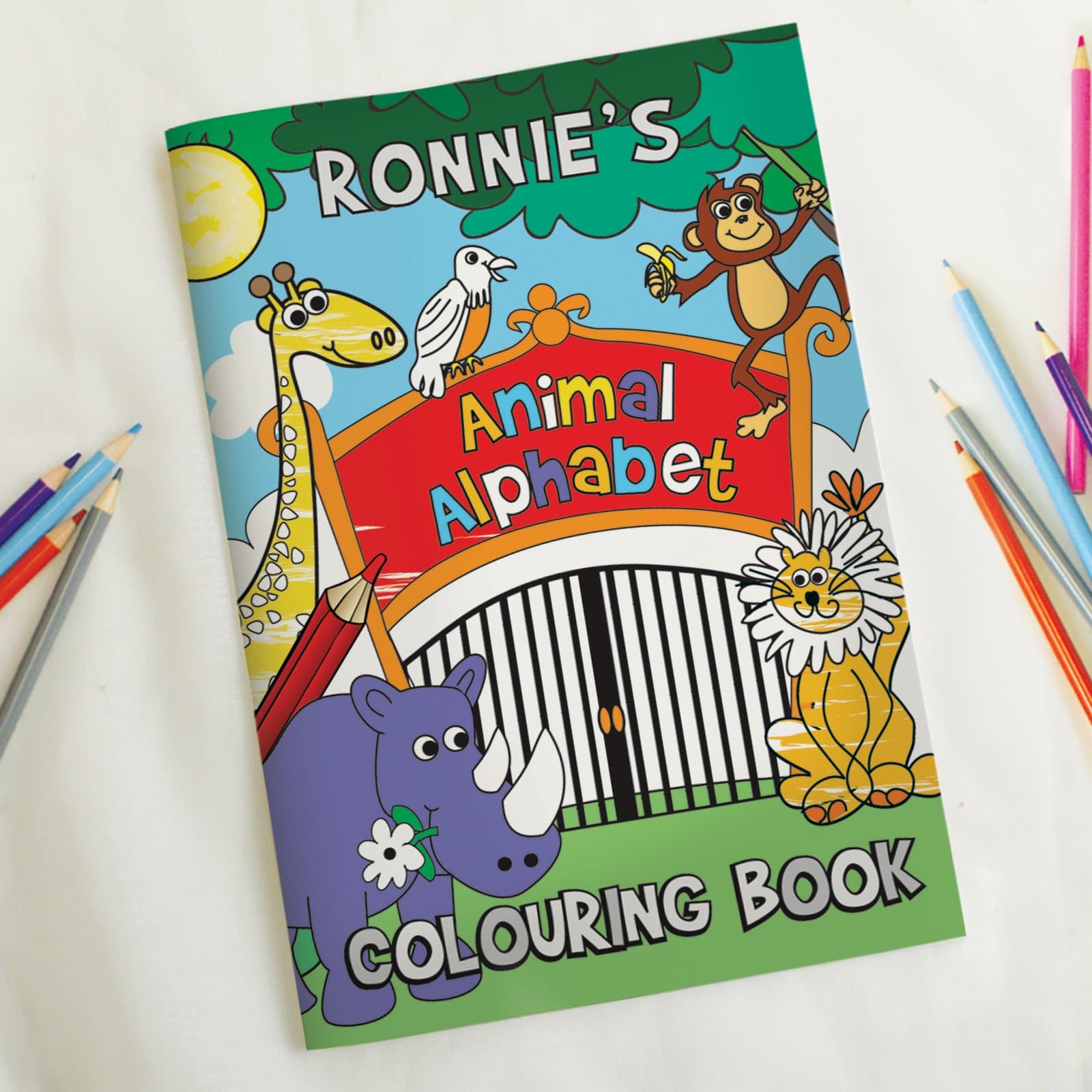 Personalised zoo colouring book with a child's name on the cover