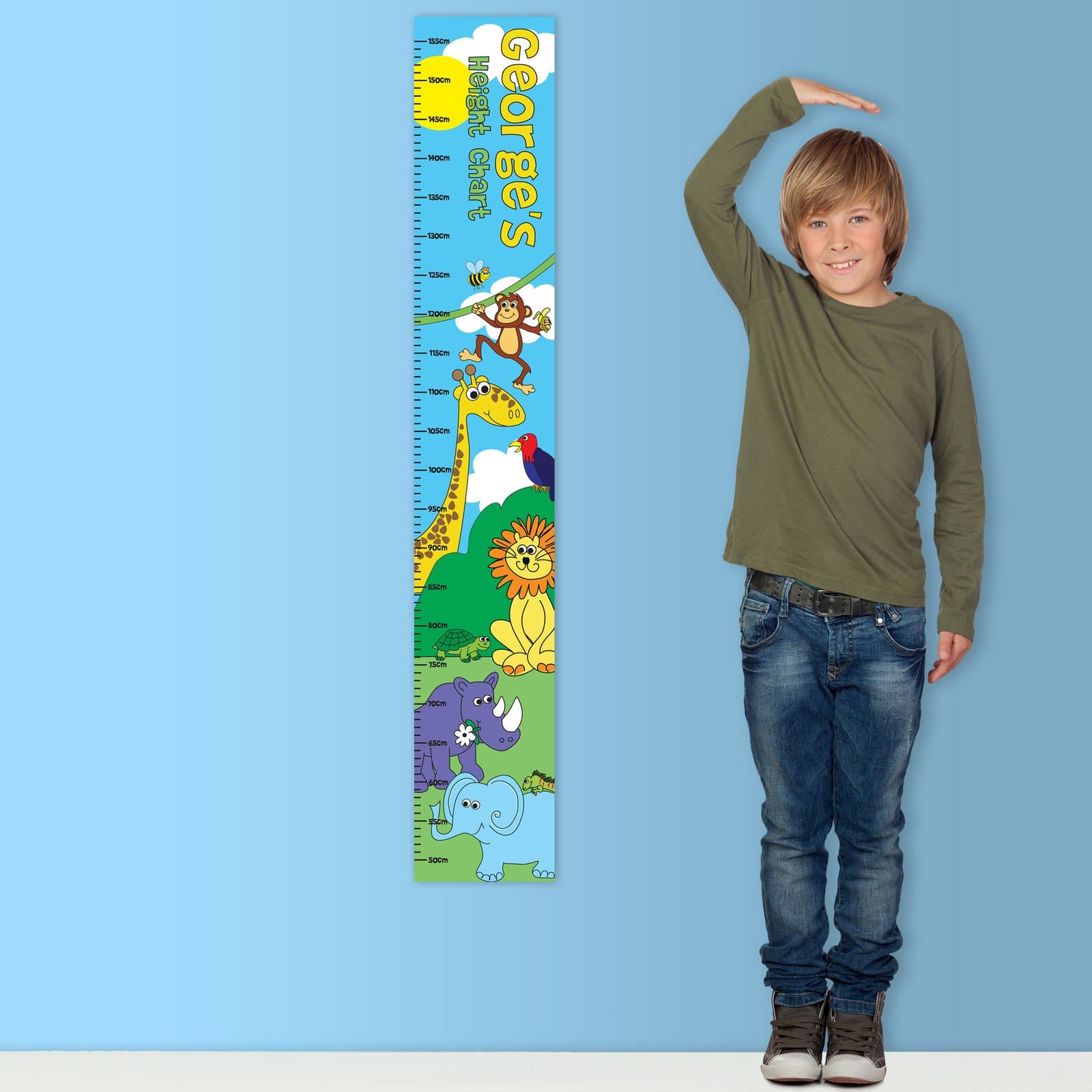 Personalised zoo height chart in vinyl with a name and message