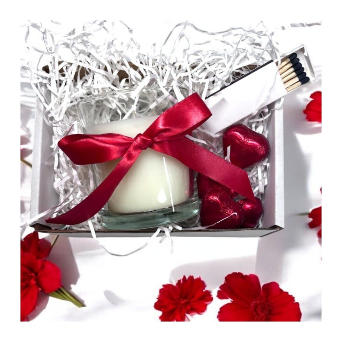 Personalised candle set with red foiled chocolate hearts and a box of matches