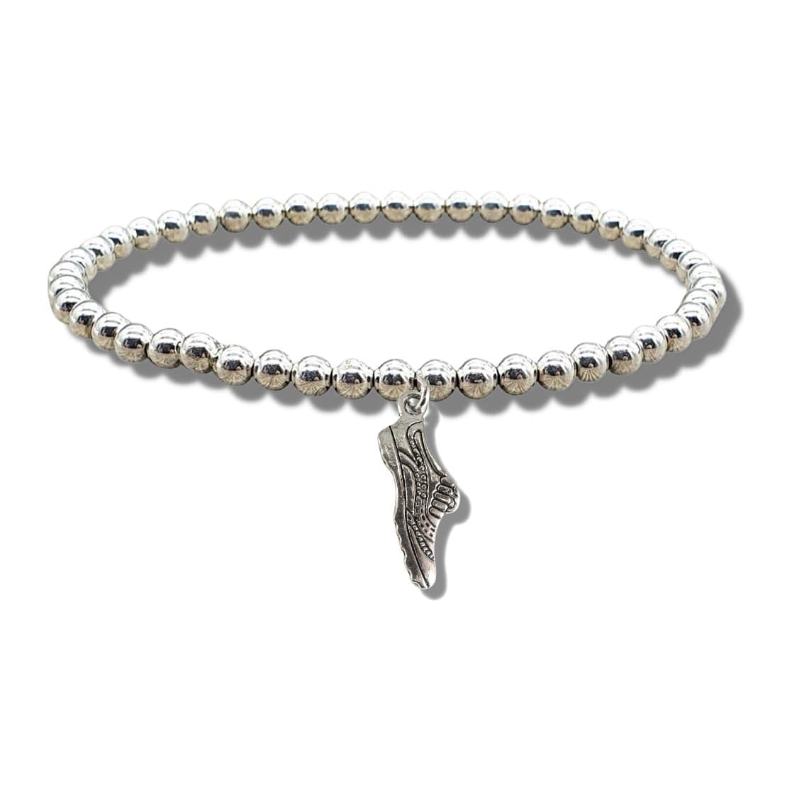 Silver beaded stretch bracelet with a running shoe charm