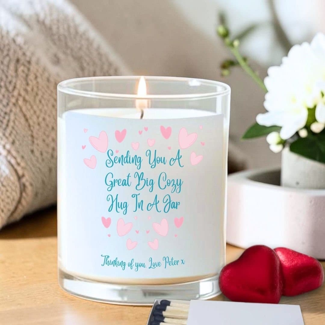Glass jar candle gift set with milk chocolate hearts and matches