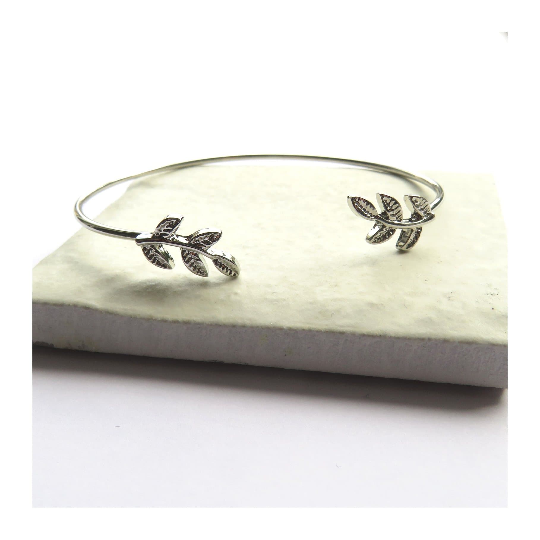 Silver leaf bangle, sterling silver-plated, slip-on style