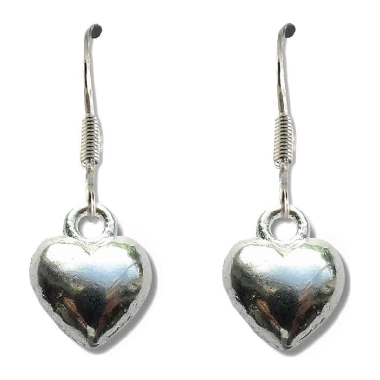Silver puff heart drop earrings with a heart charm