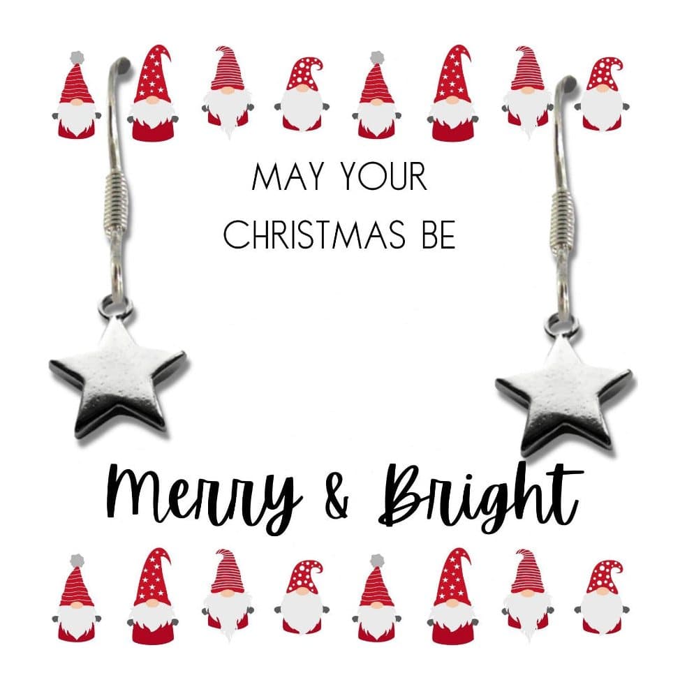 Silver plated star drop earrings with a Merry & Bright Christmas card