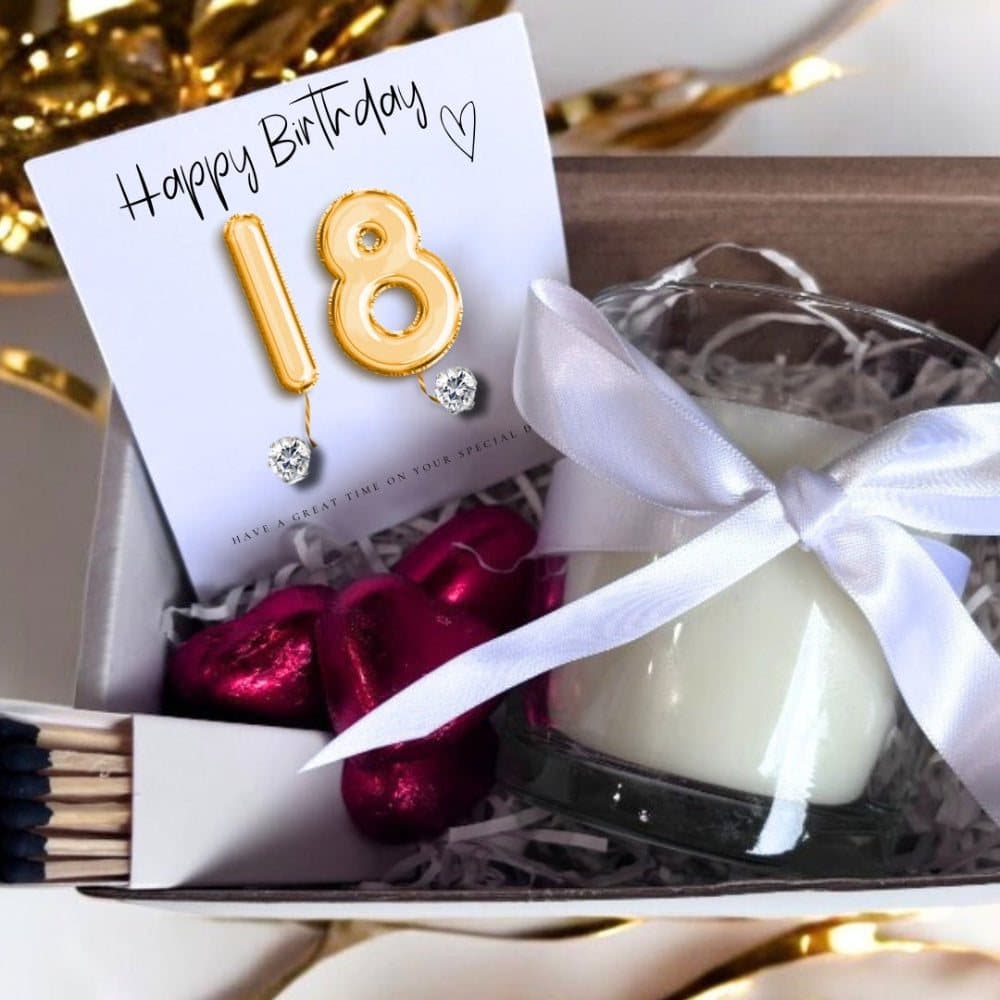 18th birthday hamper with vanilla candle, stud earrings and chocolate hearts