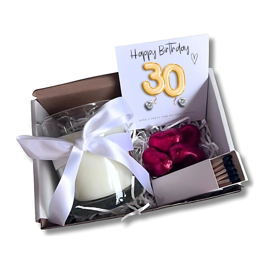 30th birthday hamper with vanilla candle, chocolate hearts and message card