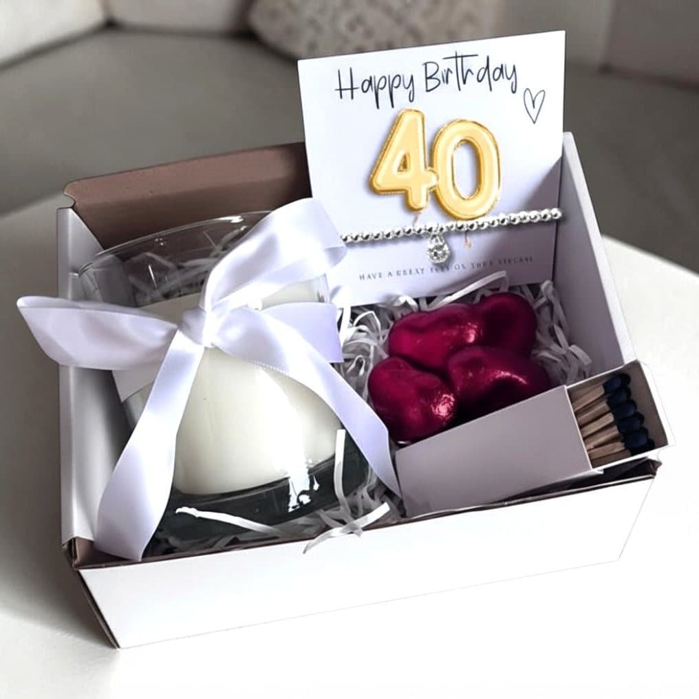Gold balloon 40th birthday hamper with a bracelet, candle and chocolate hearts