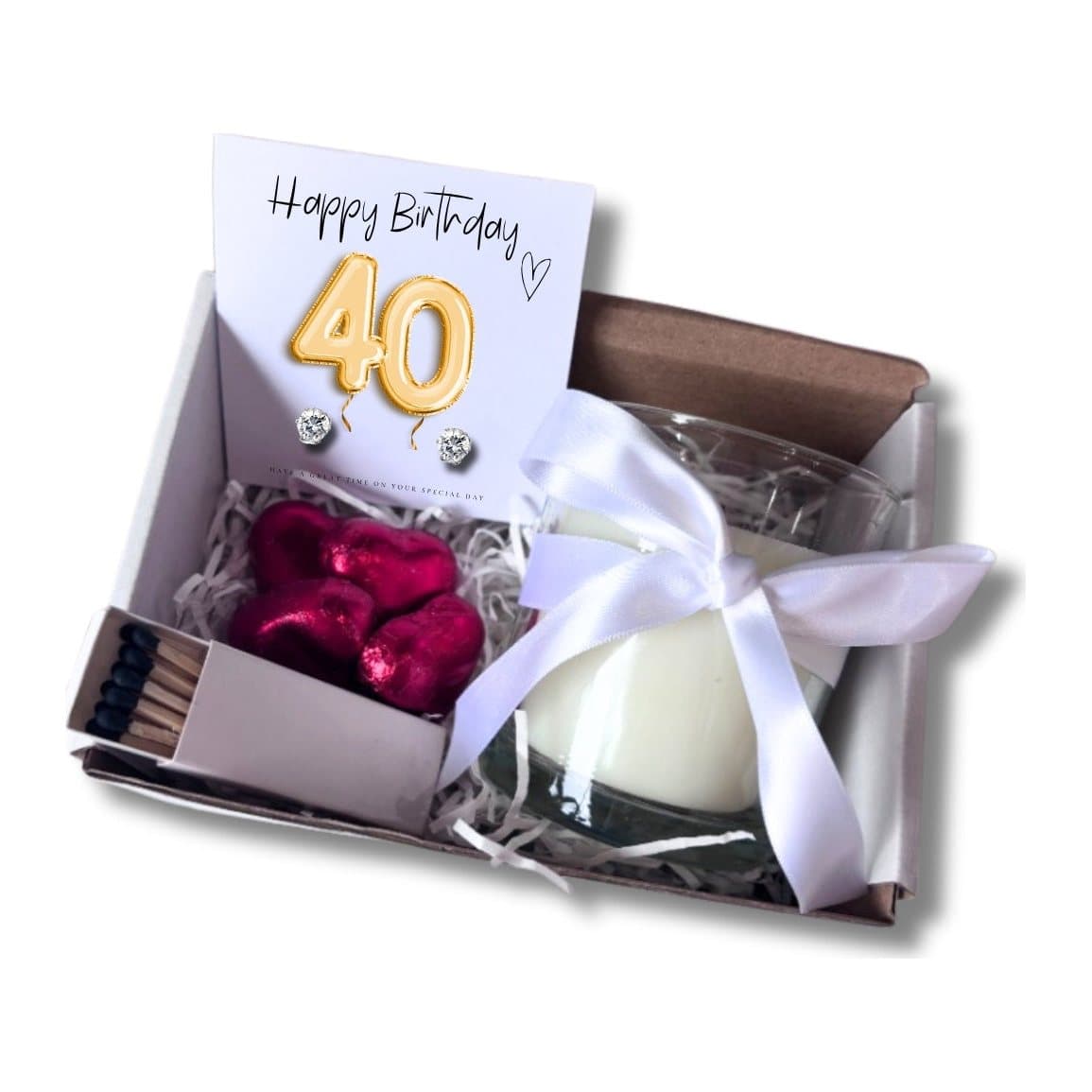 Small 40th birthday gift hamper with a candle, earrings and milk chocolate hearts