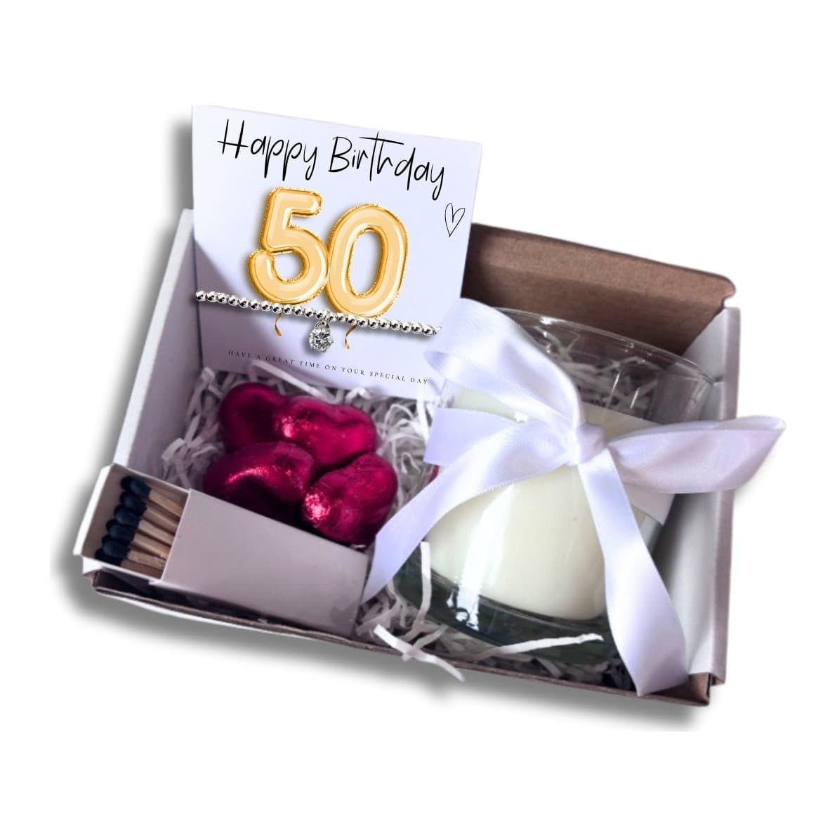 Gold 50th birthday hamper with a bracelet, candle and chocolate hearts