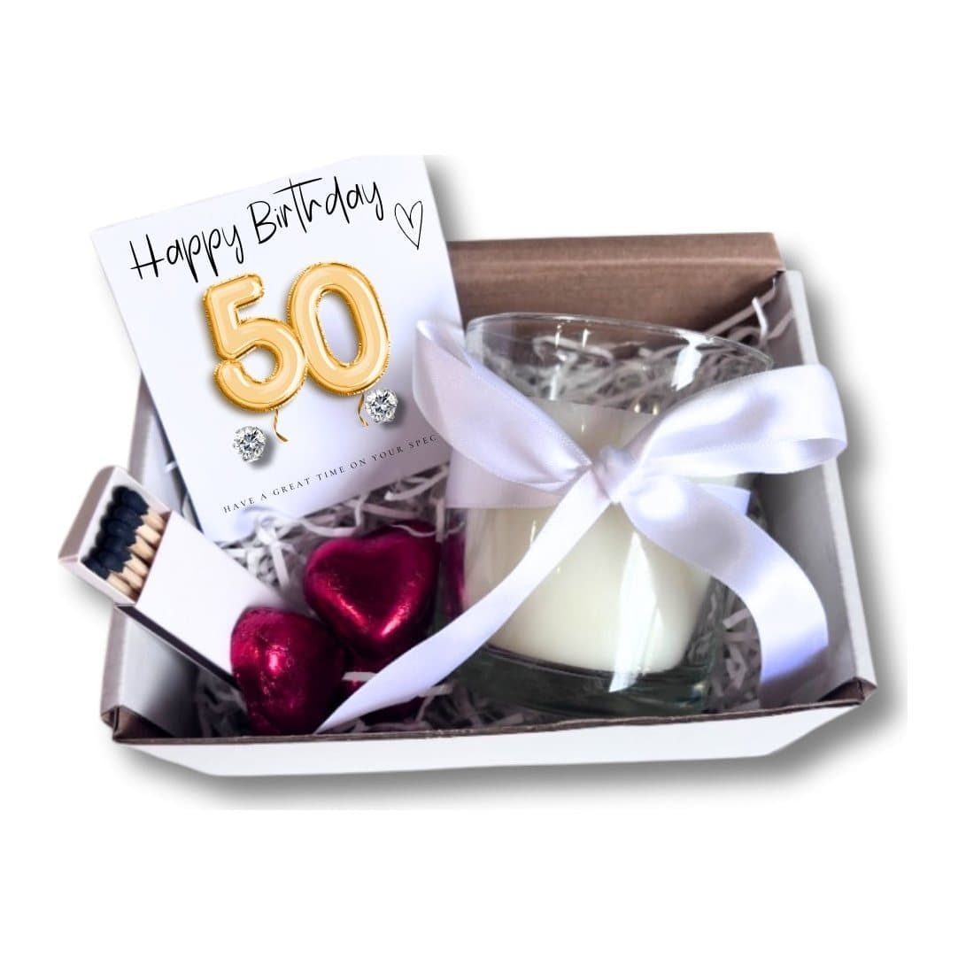 50th birthday gold balloons gift hamper with earrings, candle and chocolate hearts