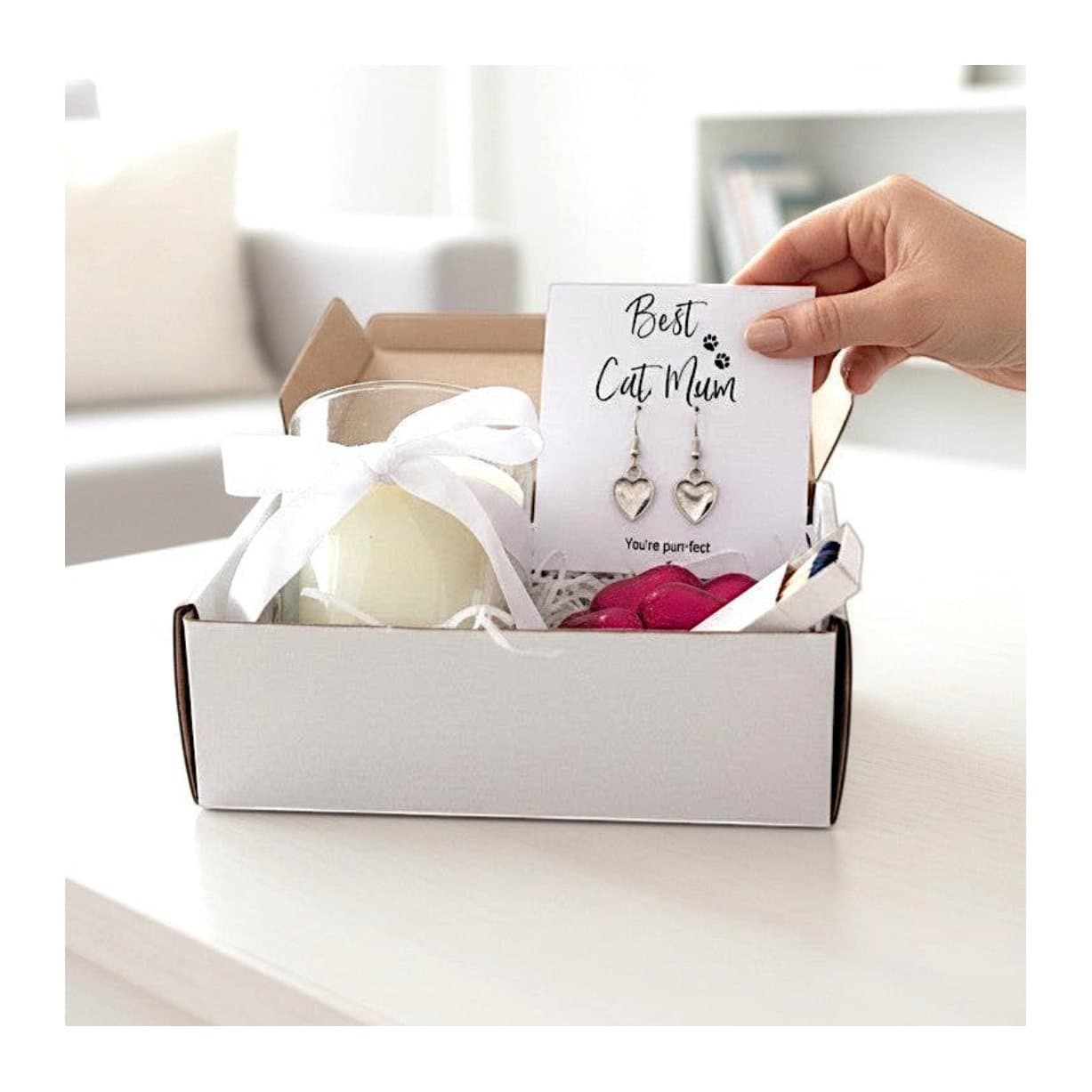 Cat mum gift hamper with heart earrings, a candle and milk chocolate hearts