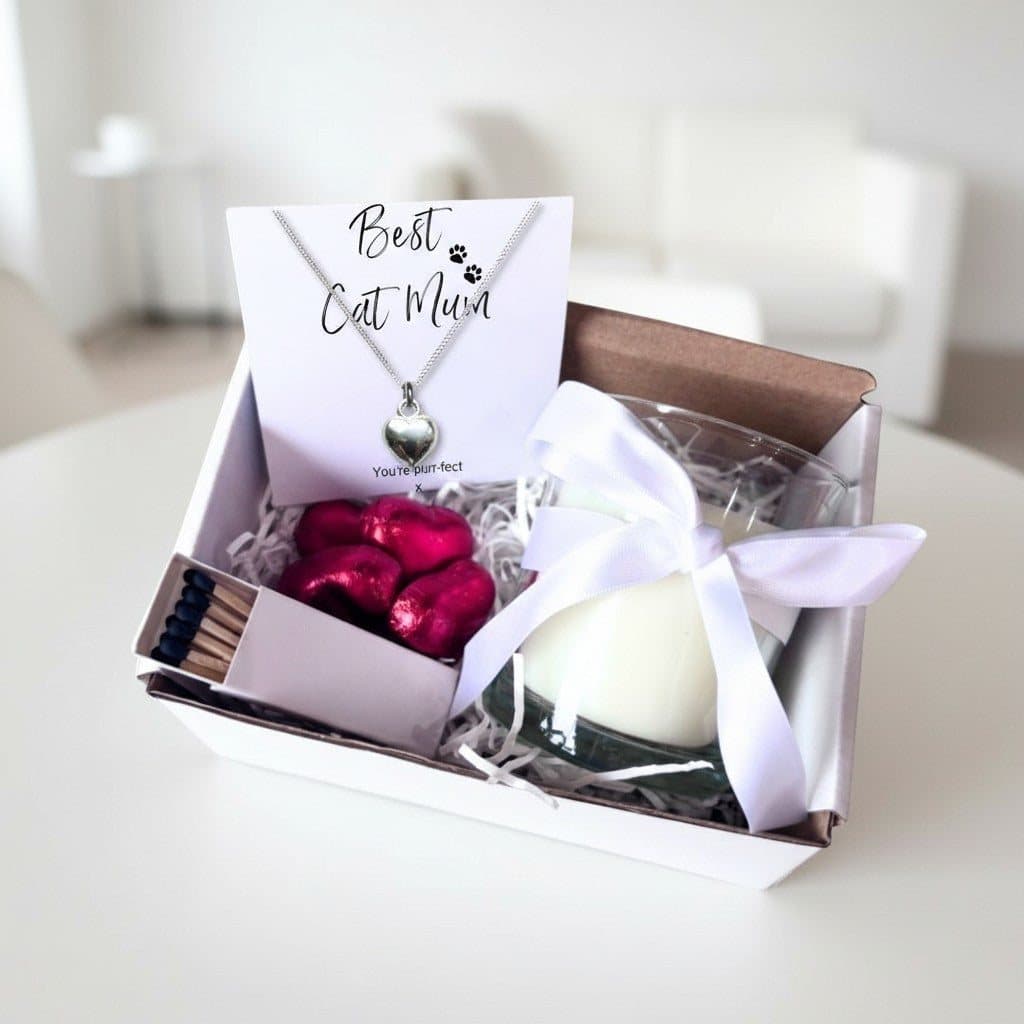 Cat mum gift hamper with silver heart necklace, candle and milk chocolate hearts