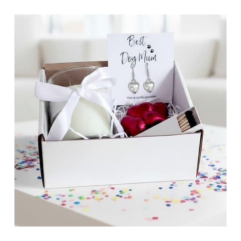 Dog mum gift hamper with heart earrings, a candle and milk chocolate hearts