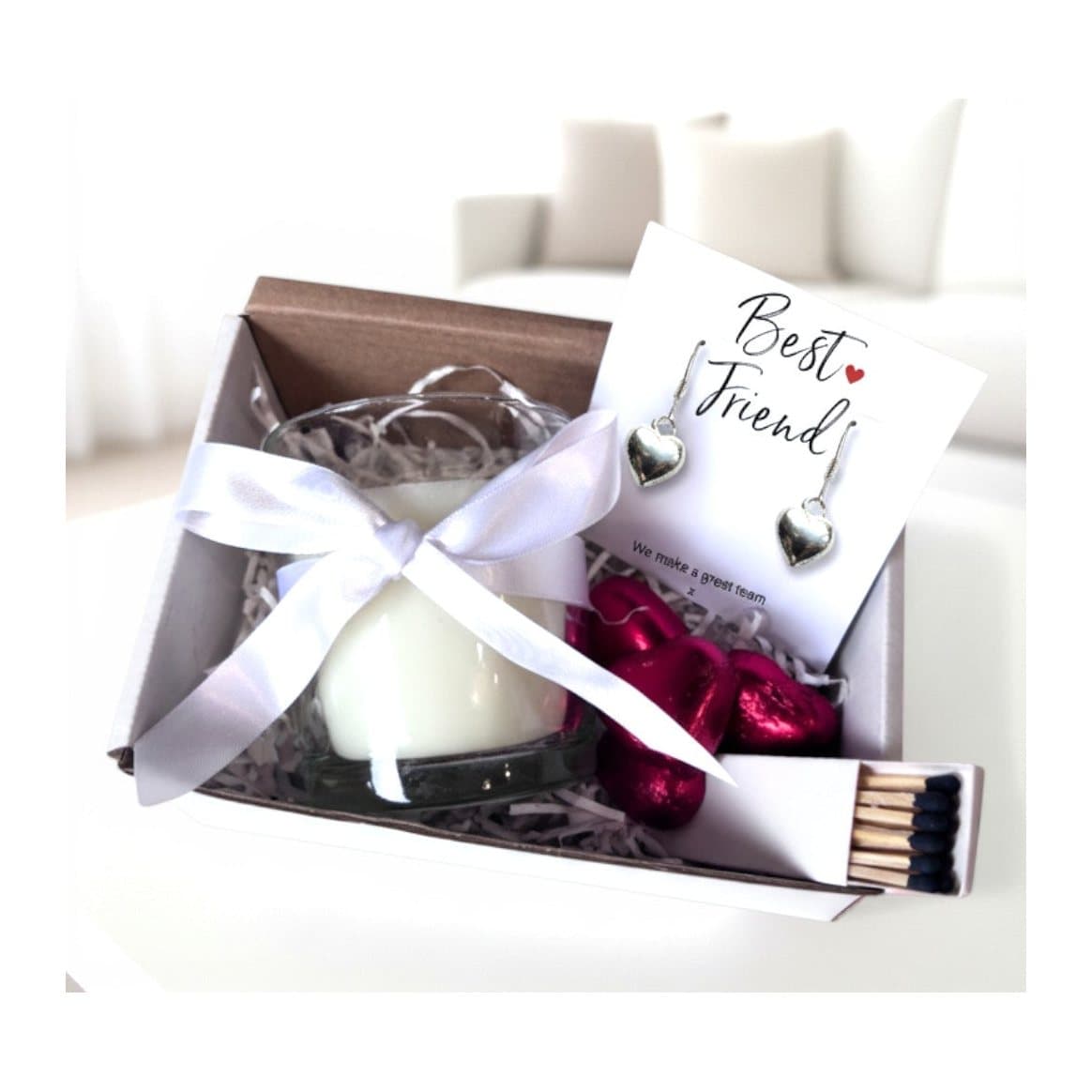 Best friend gift hamper: heart earrings, vanilla candle, chocolates