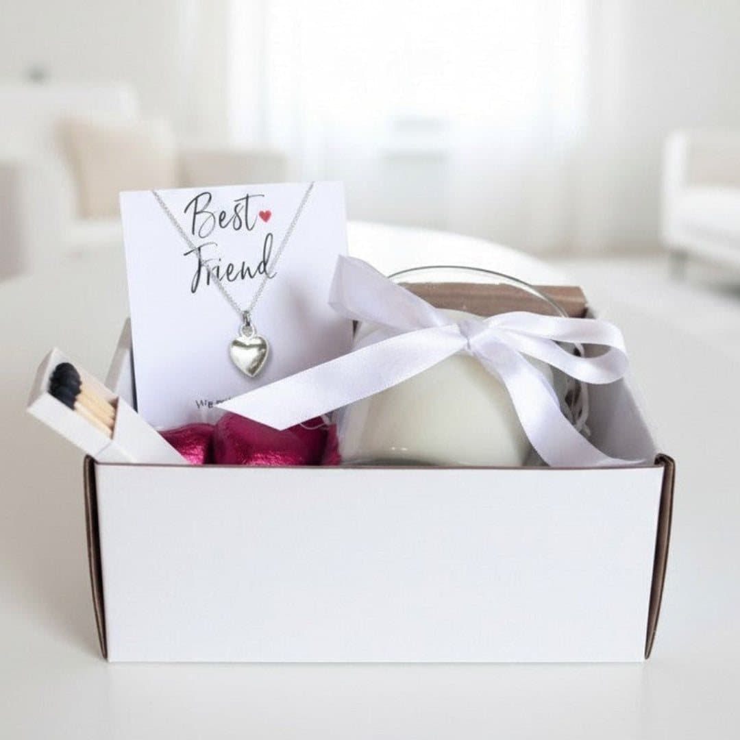 Best friend hamper with silver heart necklace, candle and chocolate hearts
