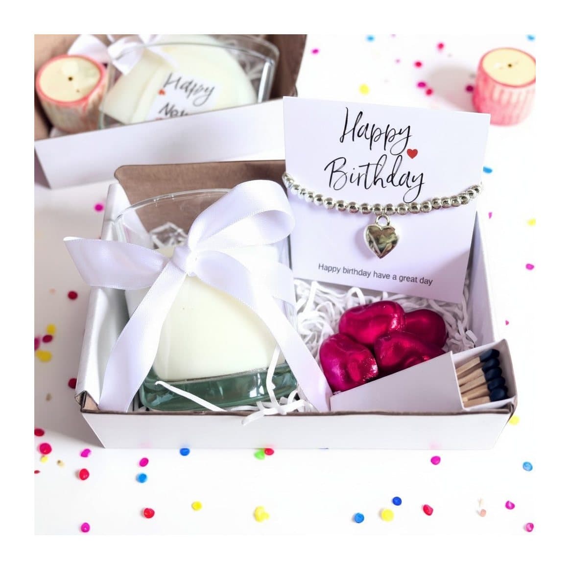 Happy Birthday gift hamper: silver heart bracelet, vanilla candle, chocolate hearts