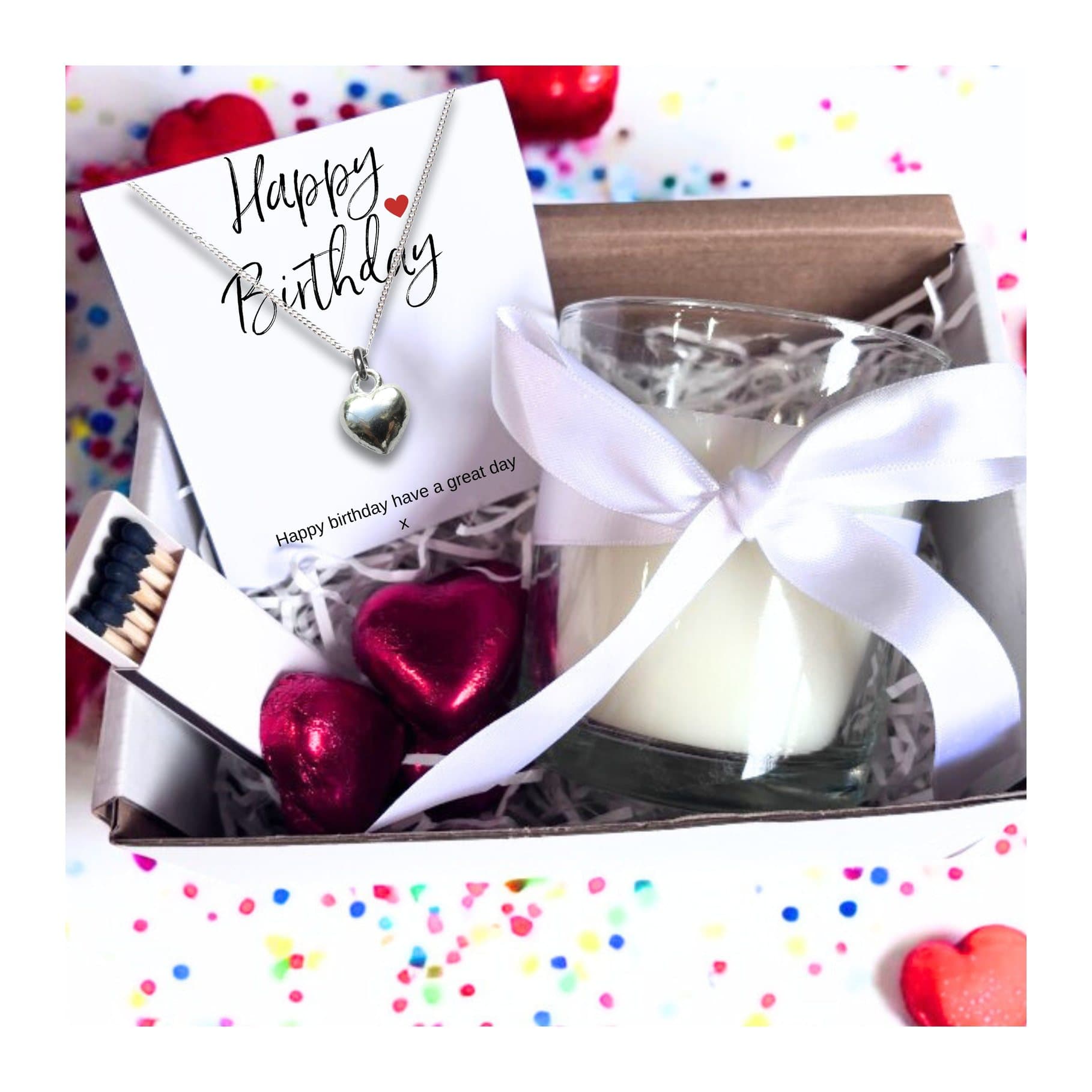 Happy birthday hamper with heart necklace, vanilla candle and chocolate hearts