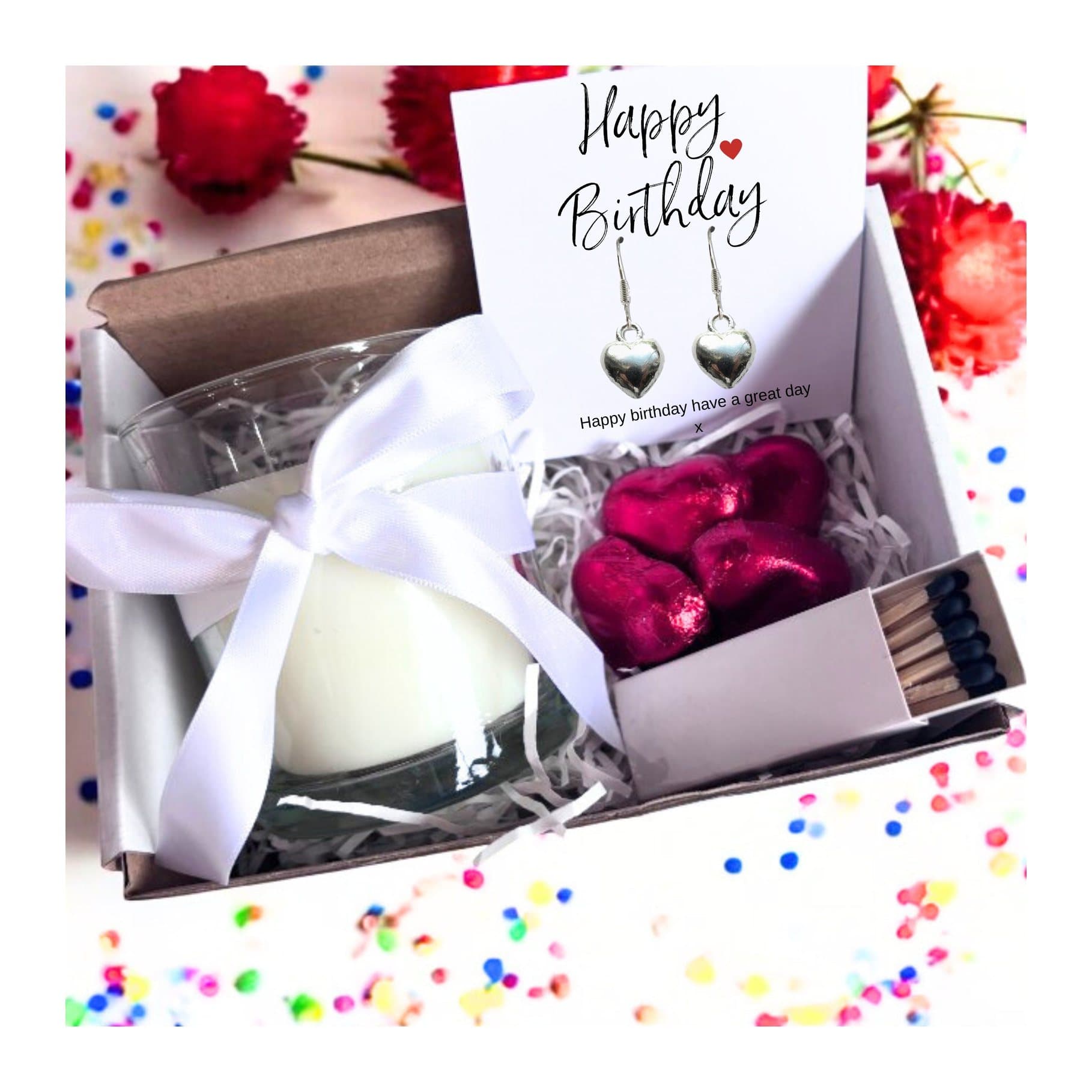 Birthday gift hamper with silver heart drop earrings, candle and chocolate hearts