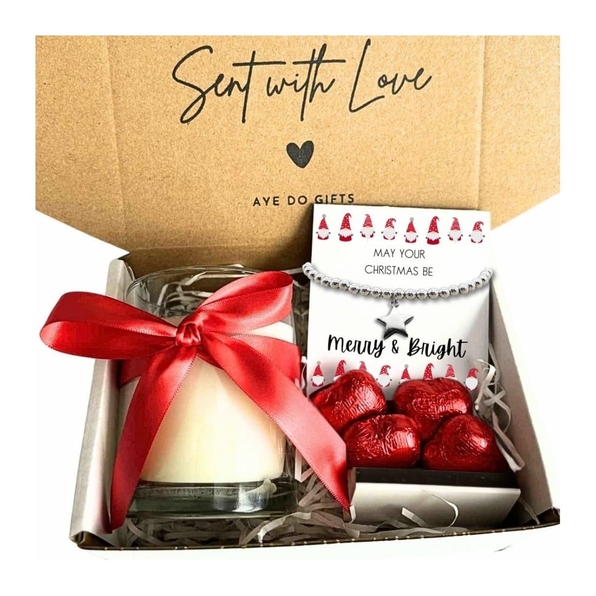Christmas hamper with silver plated bracelet, vanilla candle and chocolate hearts