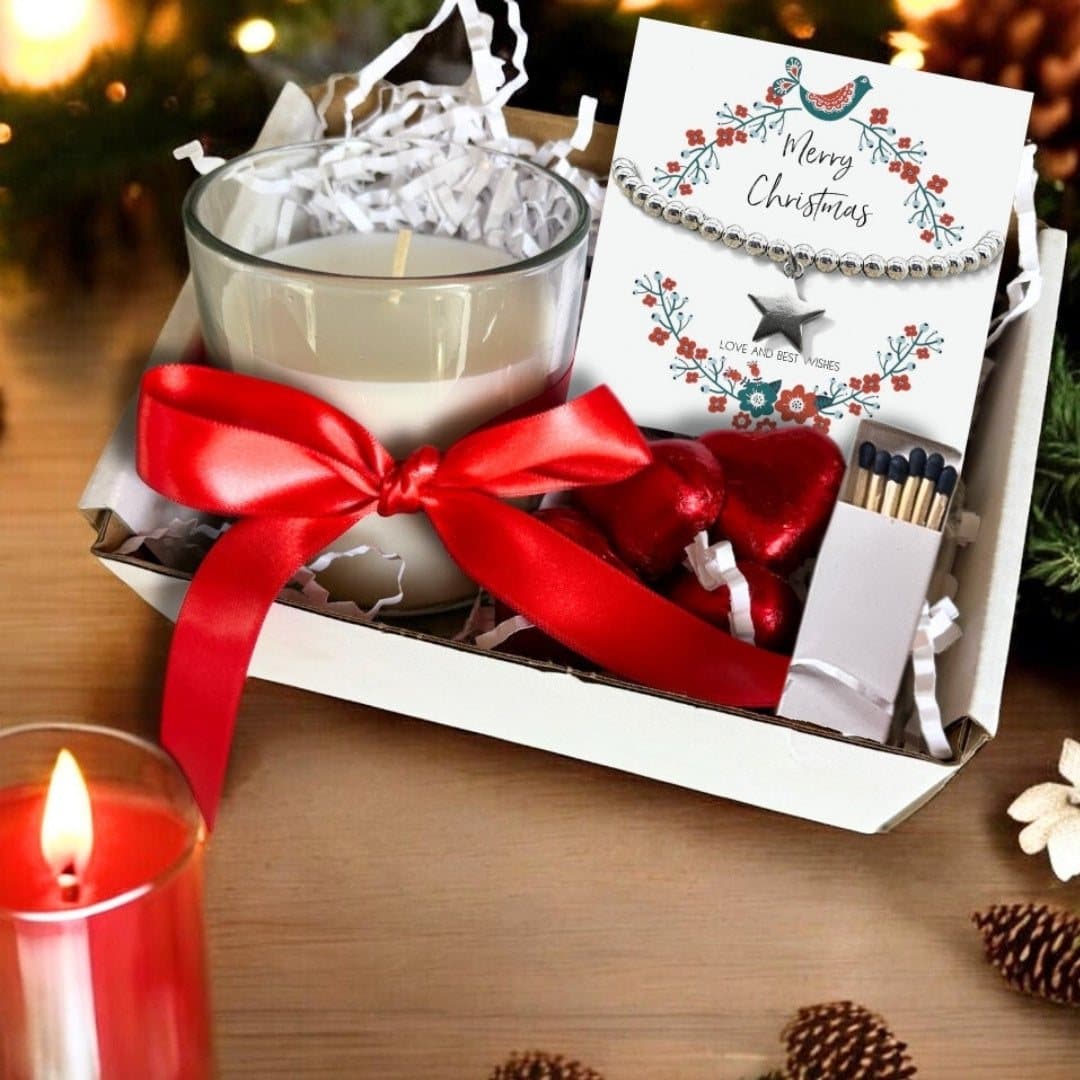 Christmas hamper with a star bracelet, vanilla candle and chocolate hearts