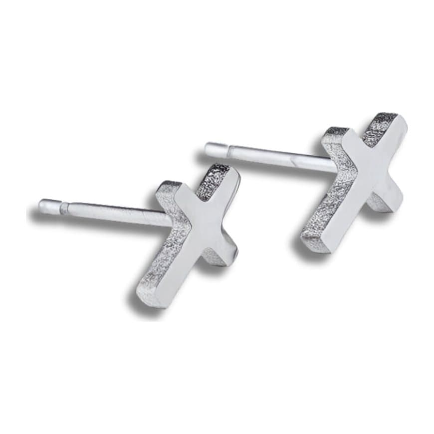 Small silver cross stud earrings on a plain background.