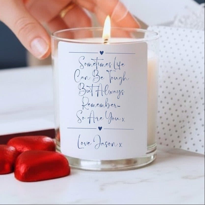 Personalised candle gift set with red foiled chocolate hearts and matches