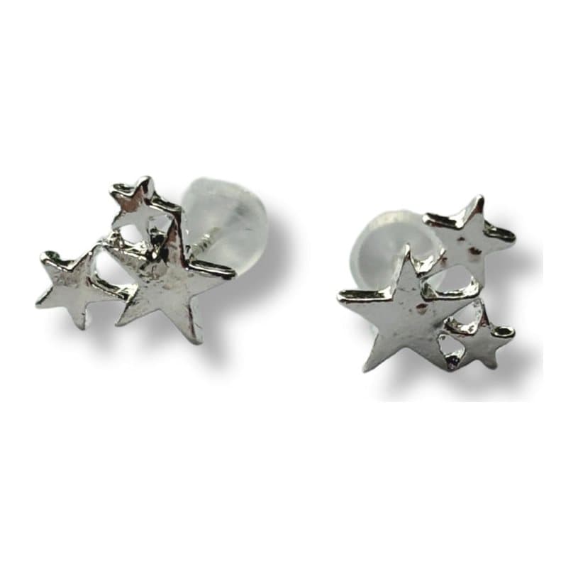 Silver stud earrings with three silver stars in one stud