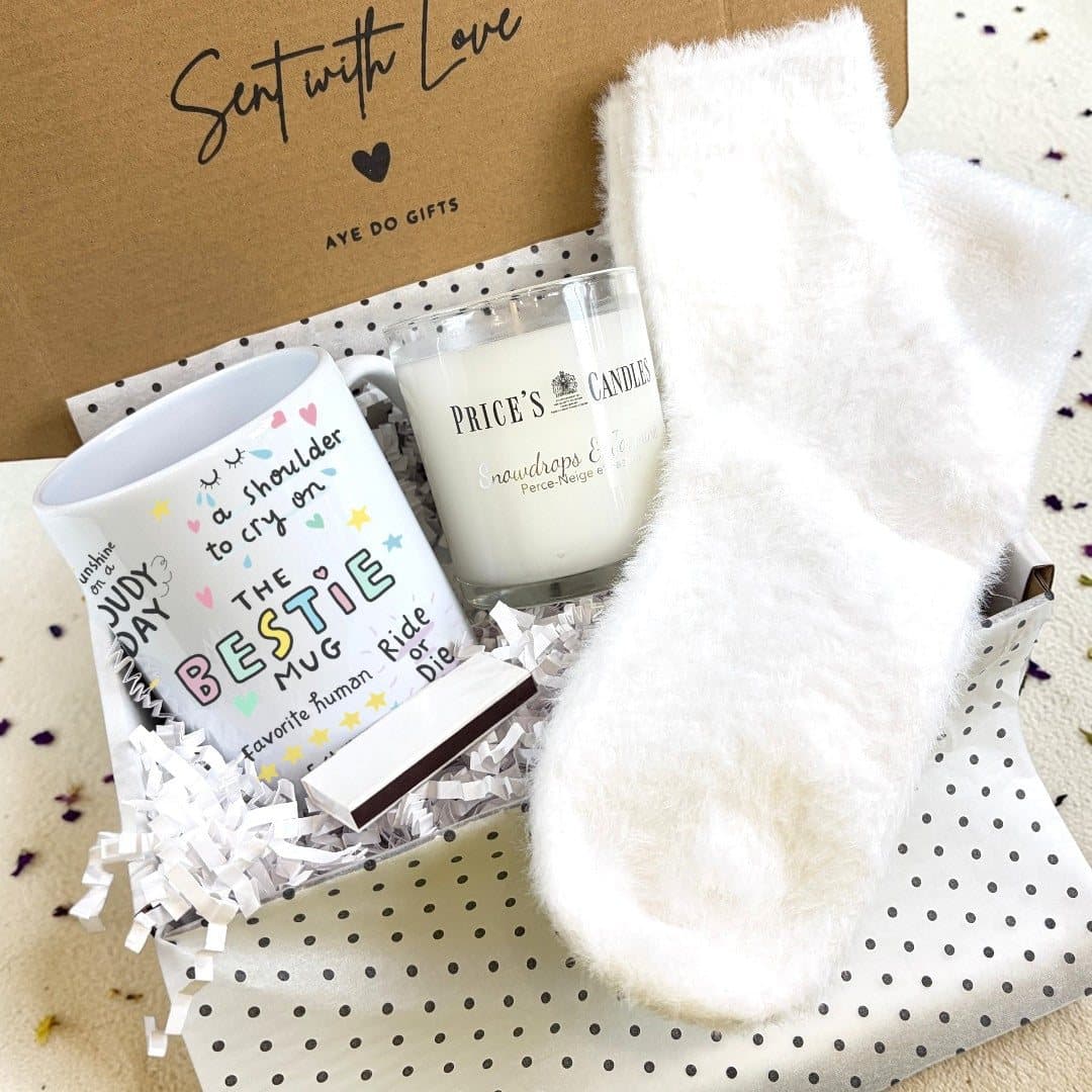 Personalised bestie mug with cute phrases, socks, candle and matches