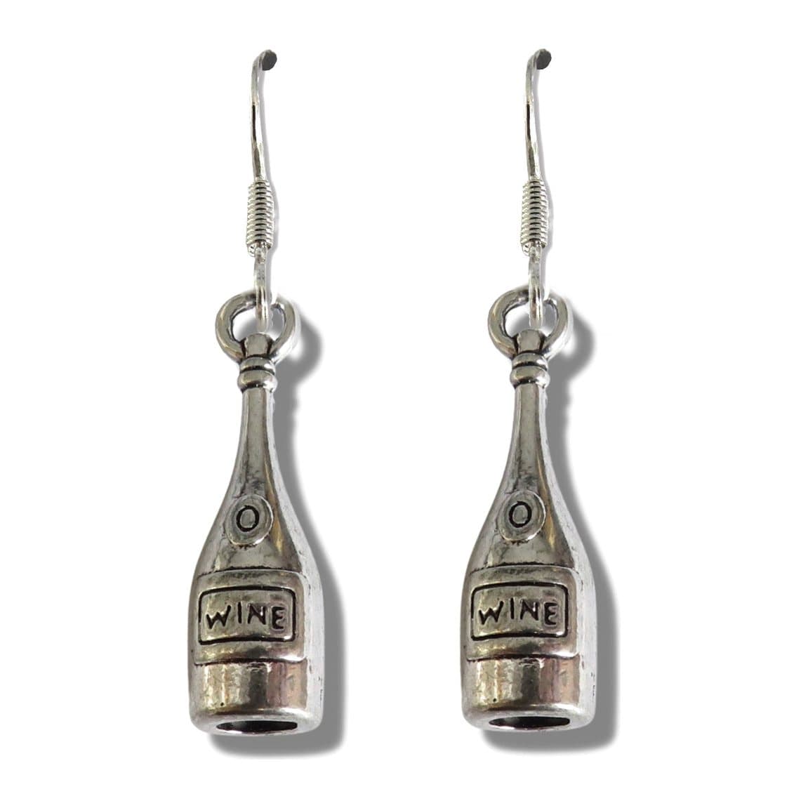 Silver plated wine bottle drop earrings with drop hooks