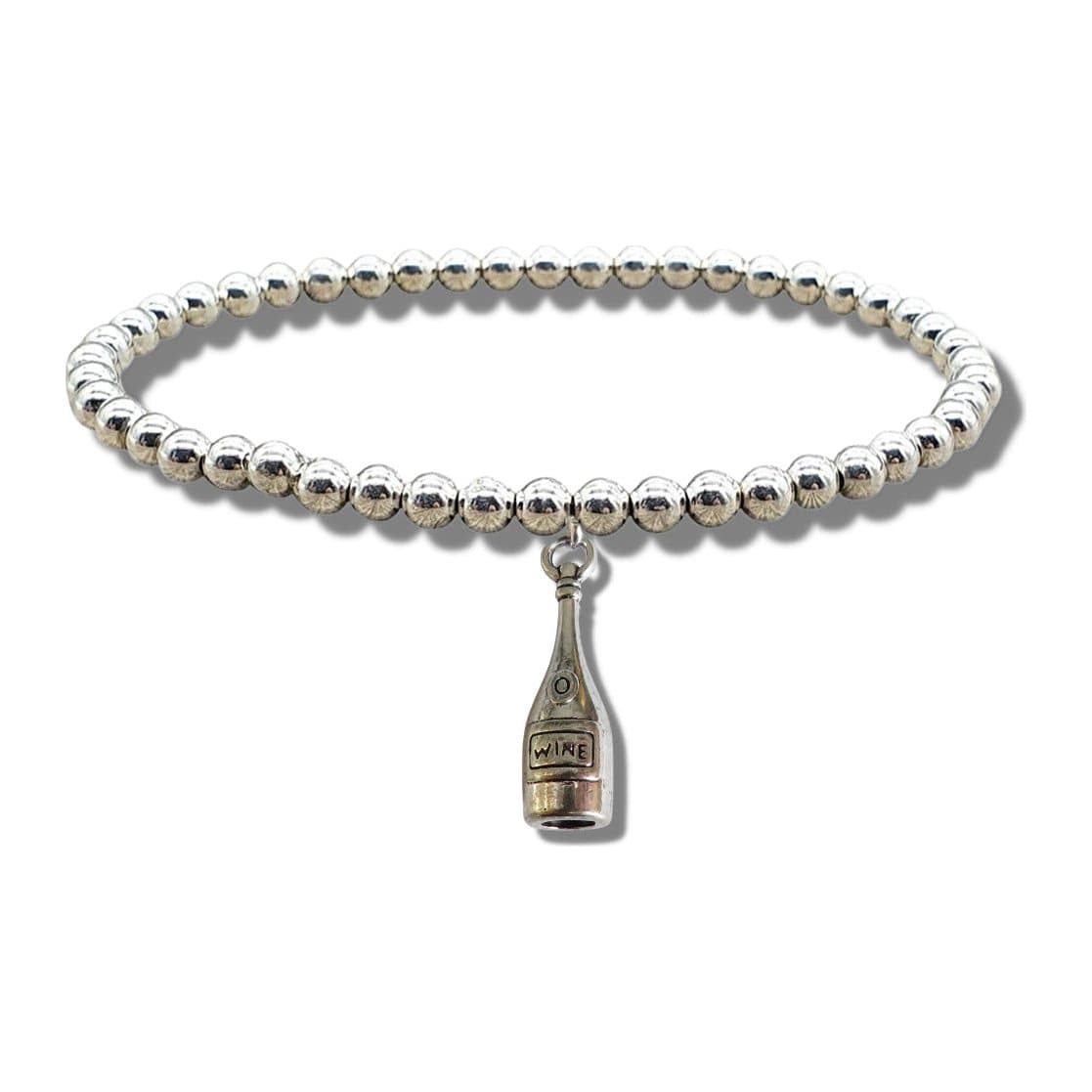 Silver beaded stretch bracelet with a silver plated wine bottle charm