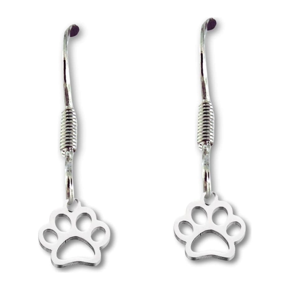 Women's paw print drop earrings with a bright silver charm