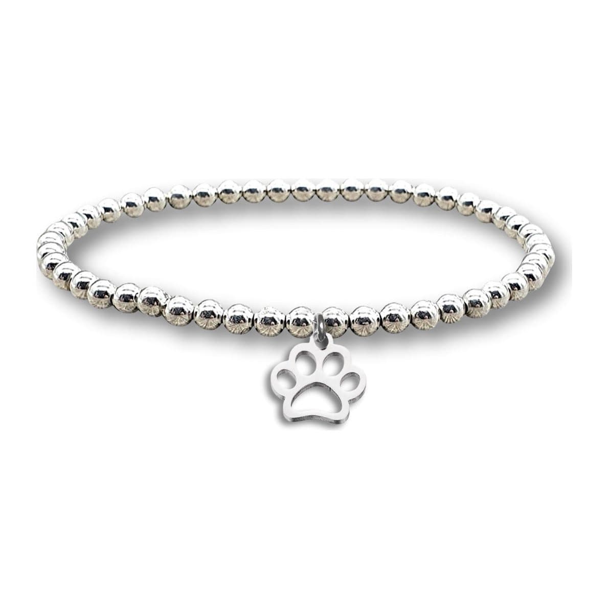 Silver beaded stretch bracelet with a bright silver paw print charm