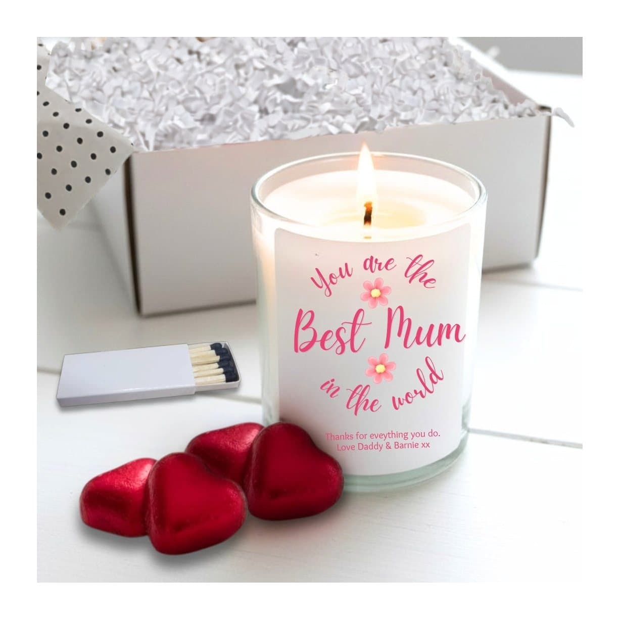 Personalised candle gift set with pink flowers, matches and red foiled chocolate hearts