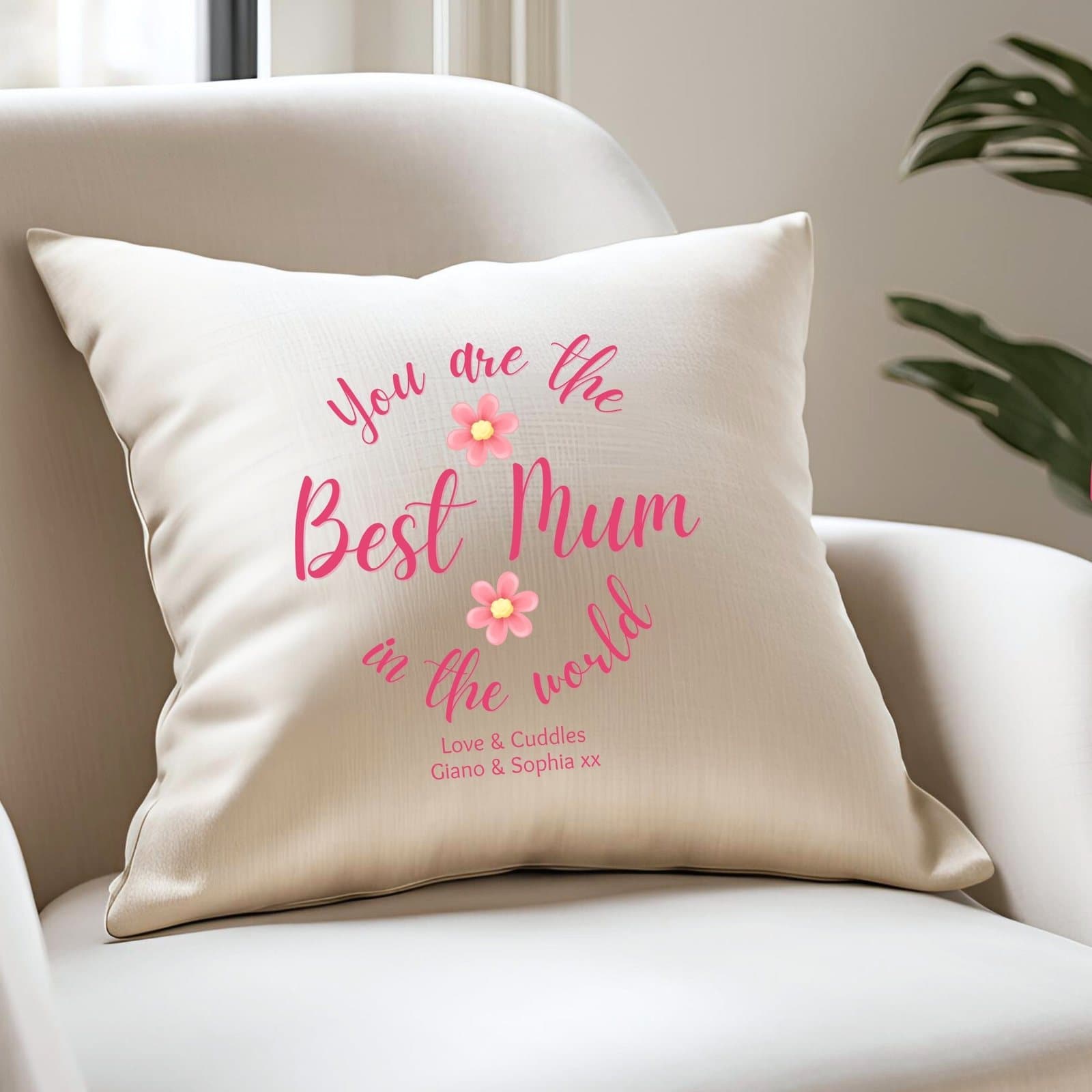 Linen-look cushion with pink flowers and the words You're The Best Mum In The World